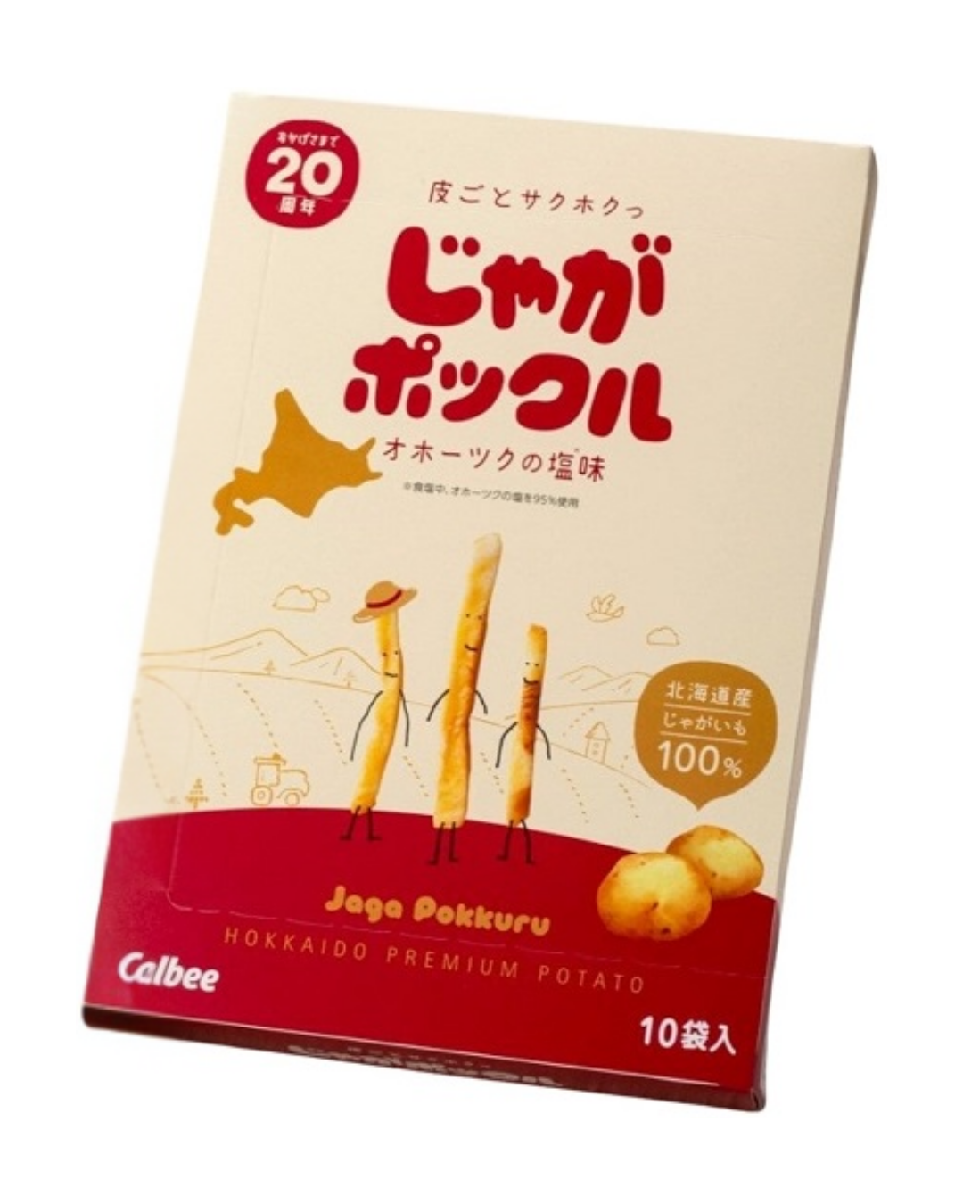 Calbee Jaga Pokkuru packaging with Japanese text and illustrations on a beige and red background