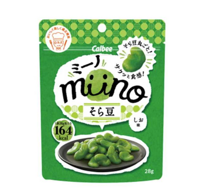 Green package of Calbee miino soybeans on a white background