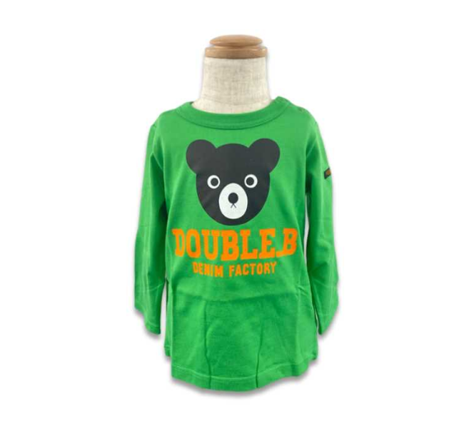 Green sweatshirt with a bear logo and 'DOUBLE.B DENIM FACTORY' text on a mannequin against a white background