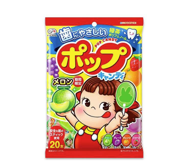Colorful packaging of Pop Candy with a cartoon character on a white background