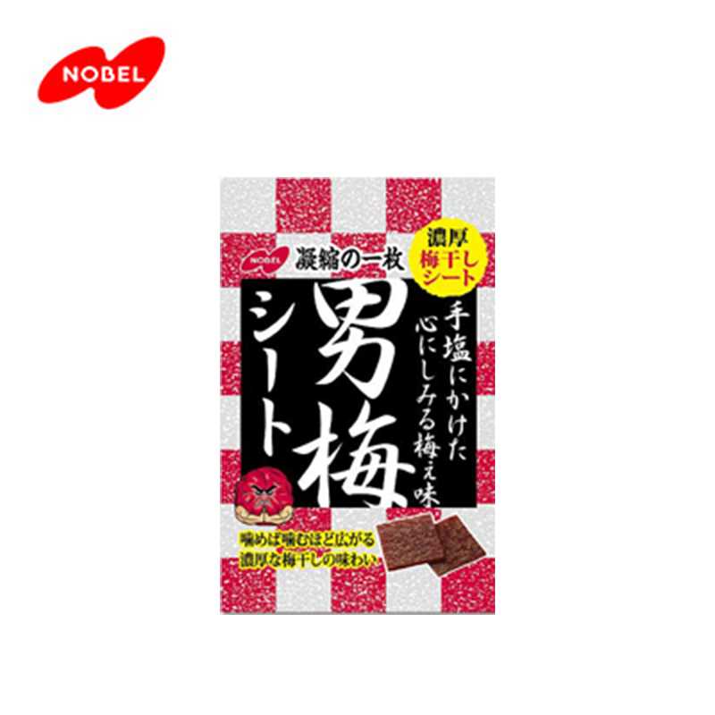 A package of Nobel Otoko Ume Sheet Candy featuring a predominantly red and white design with Japanese text, a picture of the candy, and the Nobel brand logo.