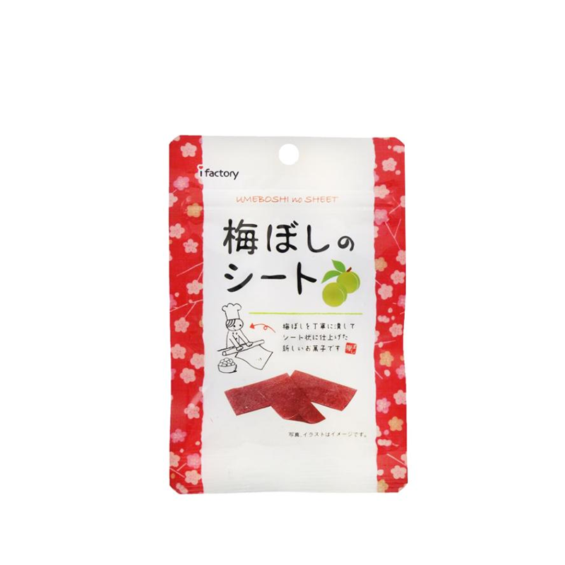 A package of iFactory Umeboshi Sheet Candy, showing six sheets of candy in red and white color scheme with Japanese text and graphics.