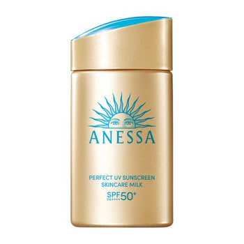 A bottle of SHISEIDO ANESSA Perfect UV Sunscreen Skincare Milk with SPF50+ protection.