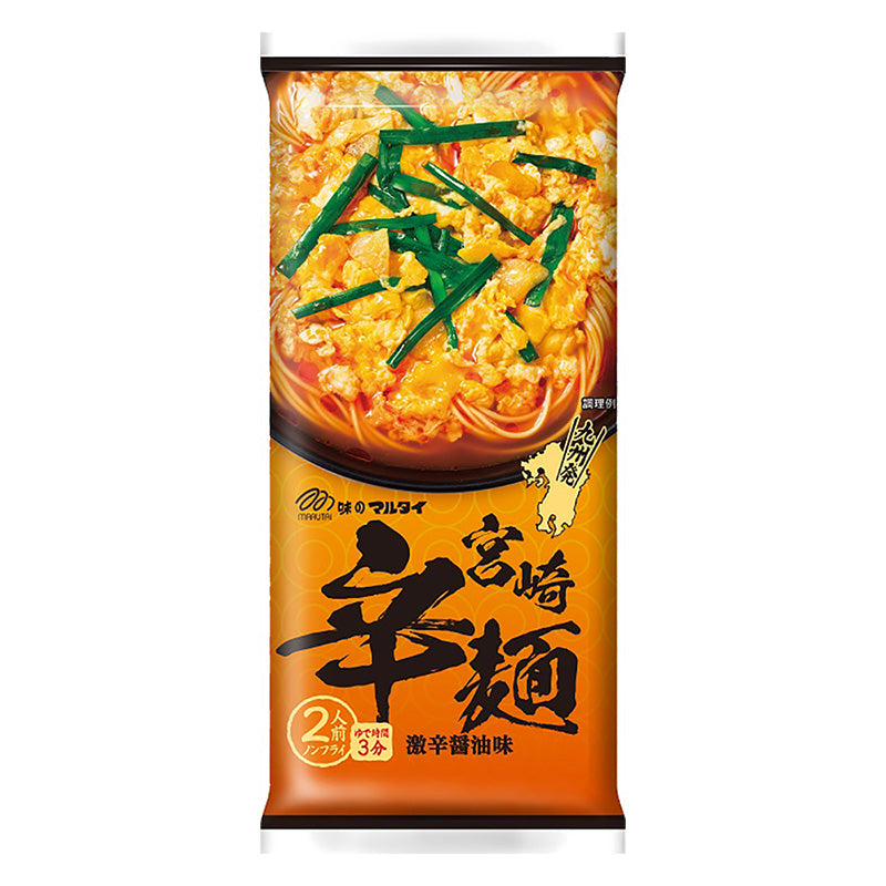 Packaging of Marutai Miyazaki Karamen Spicy Ramen showing the product name, a picture of the prepared ramen, and nutritional information.