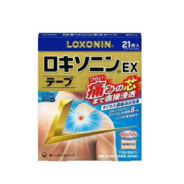 Packaging of LOXONIN EX Tape for Pain Relief, displaying the product name, quantity, and visual pain relief imagery.