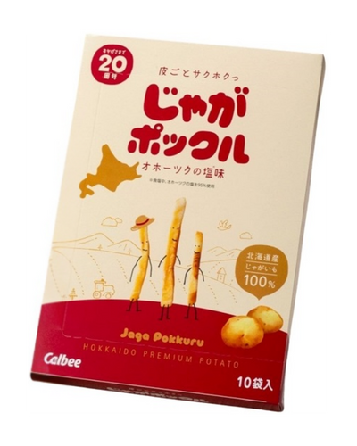 Calbee Jaga Pokkuru packaging with Japanese text and illustrations on a beige and red background
