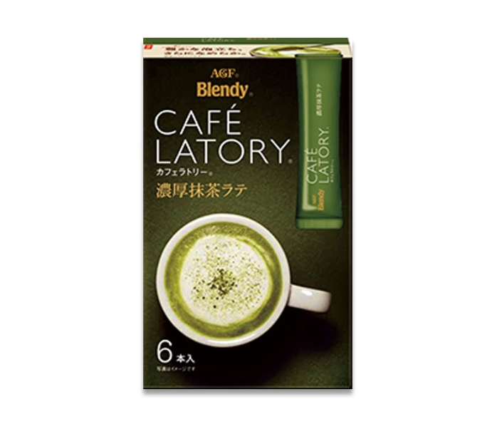 Packaging of Ajinomoto AGF Blendy Café Latory Creamy Matcha Latte with image of matcha latte in a cup.