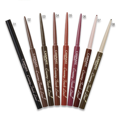 Set of Canmake Creamy Touch Liner pencils in various colors on a white background