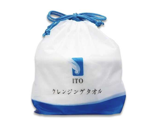 White drawstring bag with blue accents and ITO logo on a white background