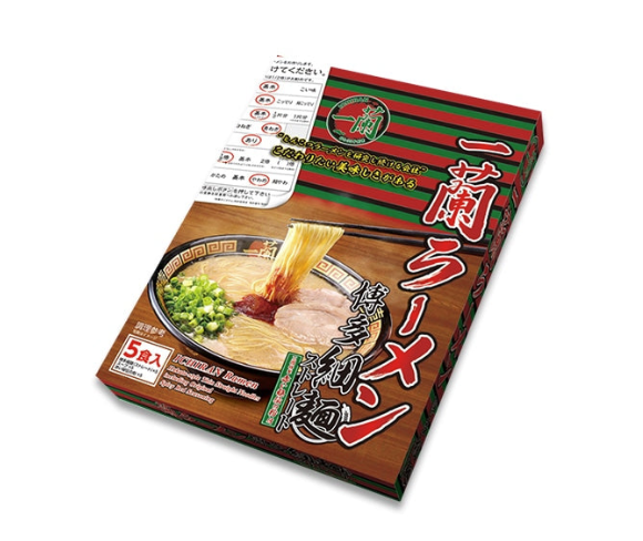 Packaging of a ramen noodle product with branding and images on a white background