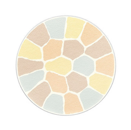 Round rug with a pattern of pastel-colored hexagonal tiles on a white background