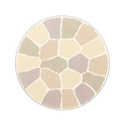 Round area rug with a geometric pattern on a white background