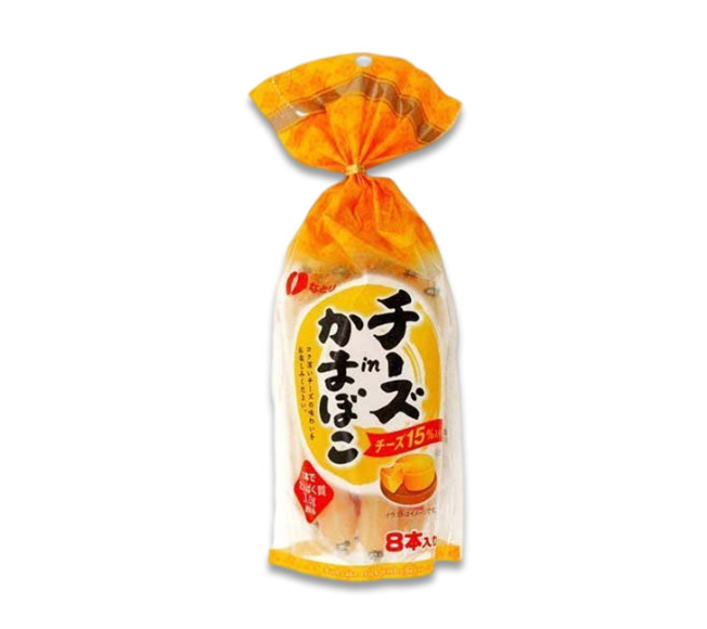 Packaged food item with orange and clear plastic packaging on a white background