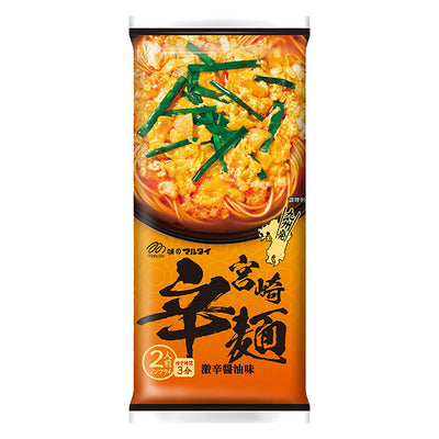 Packaging of Marutai Miyazaki Karamen Spicy Ramen showing the product name, a picture of the prepared ramen, and nutritional information.