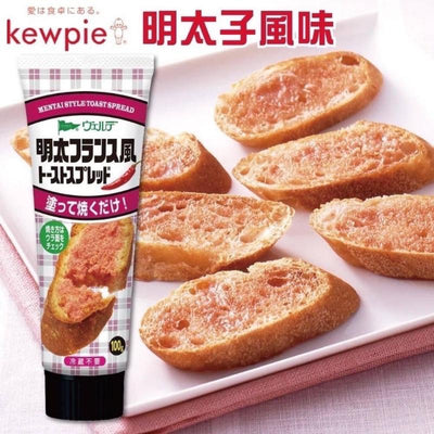 Packaging of Kewpie Mentaiko French Bread Spread with an image of bread slices spread with the product, placed on a plate.