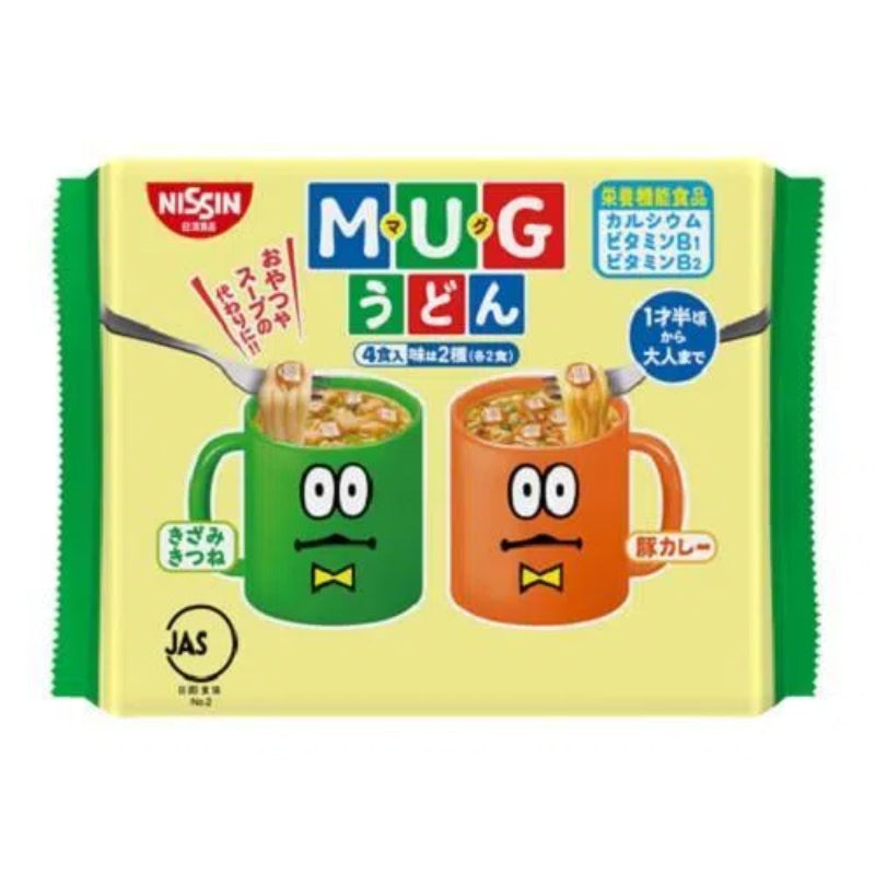 Packaging of Nissin Mug Udon showing two flavors: one with sliced tofu and one with pork curry. The packaging is primarily green and orange with cartoonish characters on it.
