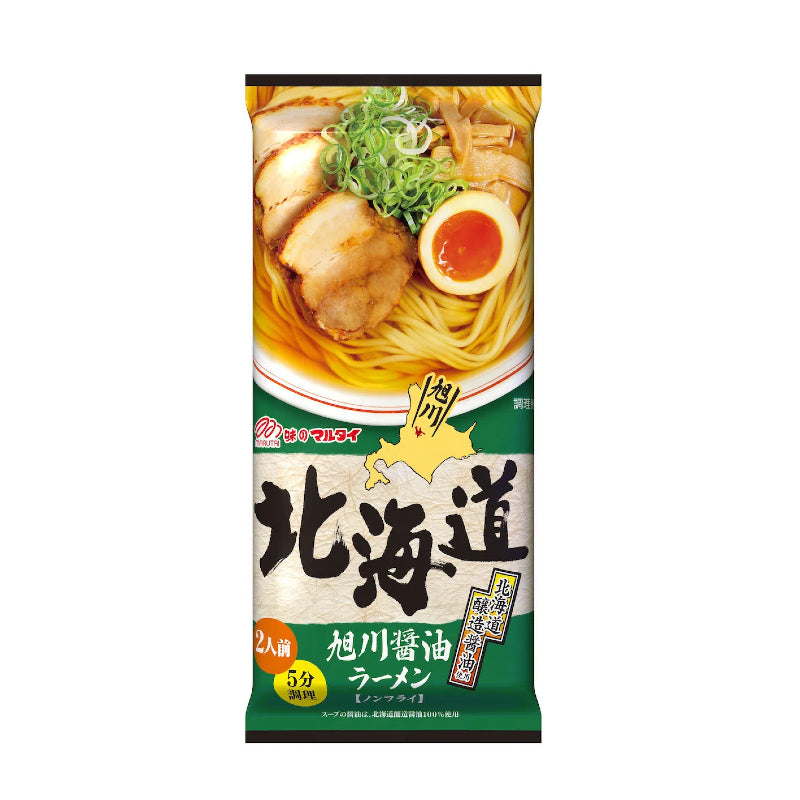 Packaging of Marutai Hokkaido Asahikawa Shoyu Ramen showing the product name, an image of the ramen with toppings, and nutritional information.