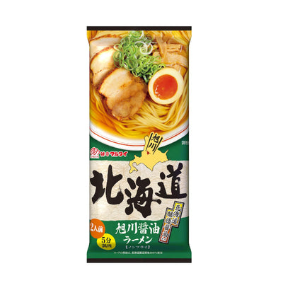 Packaging of Marutai Hokkaido Asahikawa Shoyu Ramen showing the product name, an image of the ramen with toppings, and nutritional information.