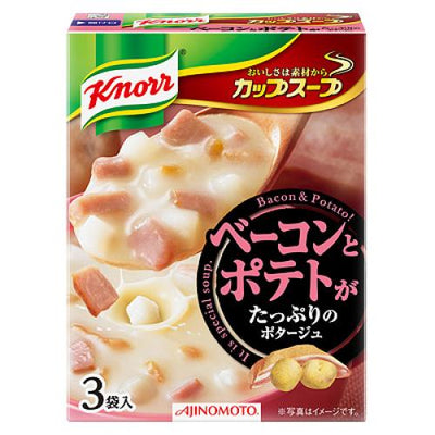 Packaging of Ajinomoto Bacon and Potato Soup featuring image of the soup with bacon and potatoes, and the text is in Japanese with a green and red label.