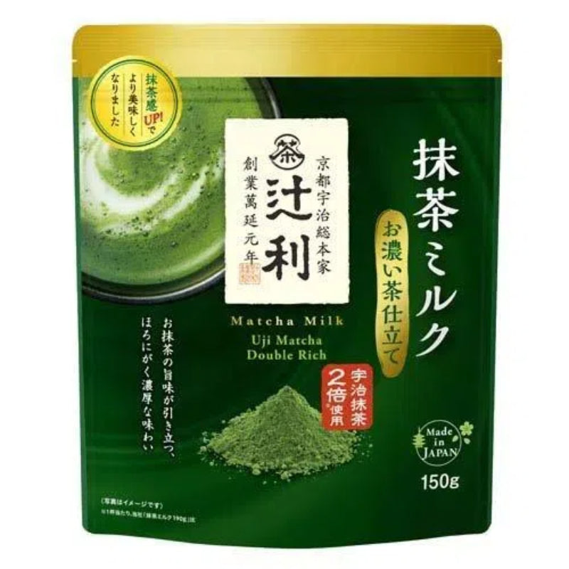 A package of Tsujiri Uji Matcha Double Rich Matcha Milk Tea, showing the green matcha powder and the label in Japanese.