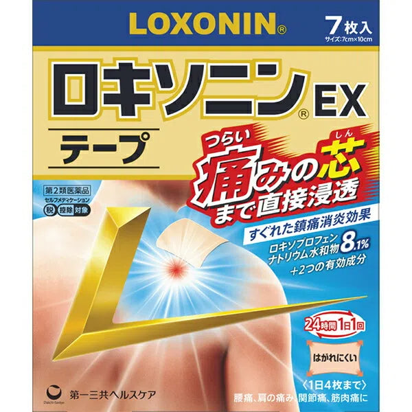 Packaging of LOXONIN EX Tape for Pain Relief, displaying the product name, quantity, and visual pain relief imagery.