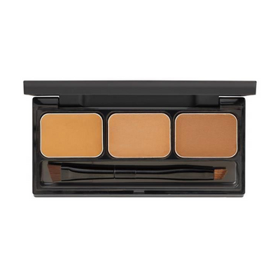 An eyebrow powder palette with three shades of brown and a black brush applicator.