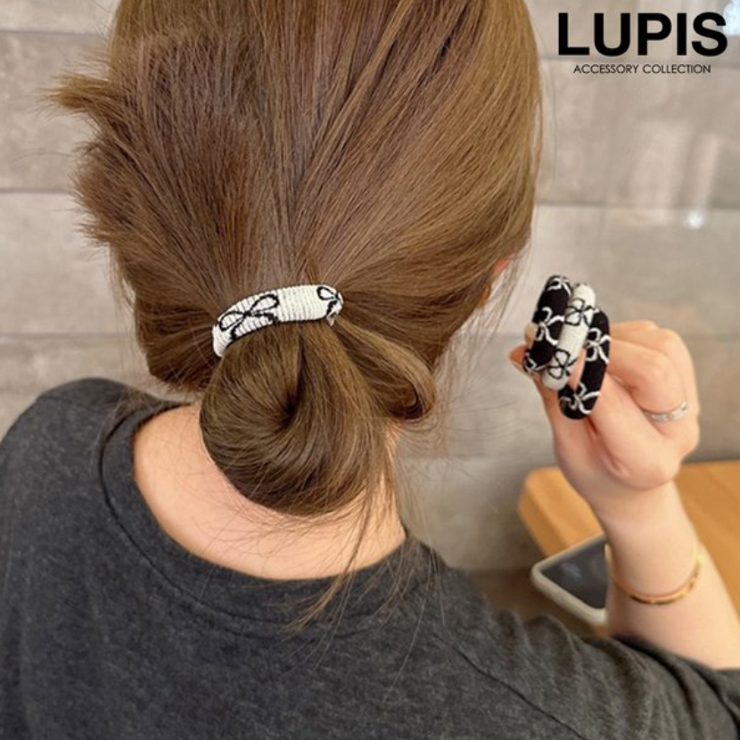 LUPIS Bow Pattern Elastic Hair Tie v2885 Ivory/Black