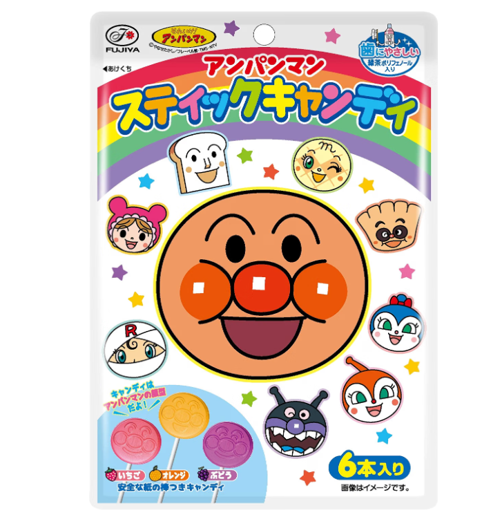 Fujiya Anpanman Stick Candy – Strawberry / Orange / Grape, 6 Pieces